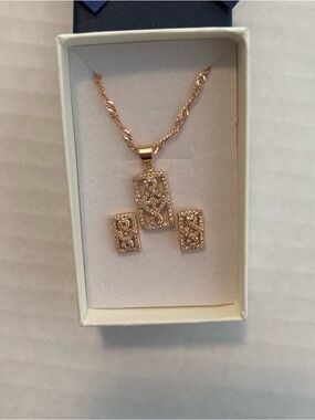 Gold-Tone Rectangular Pendant necklace and Earrings Set - Women's Jewelry